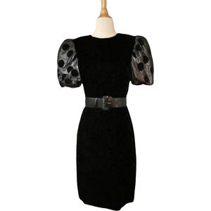 80s Velvet Puff Sleeved Black & Silver Dress by Liz Claiborne